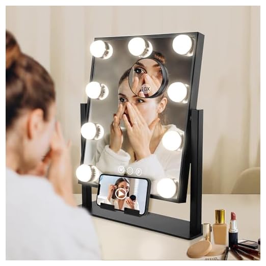 event rental, rent equipment for your party, Kottova Vanity Mirror with Lights,Makeup Mirror Tabletop,Hollywood Mirror with Phone Holder,9 LED Dimmable Bulbs, 3 Color Modes,Touch Control, 360 Rotation,Detachable 10X Magnification Mirror,Black