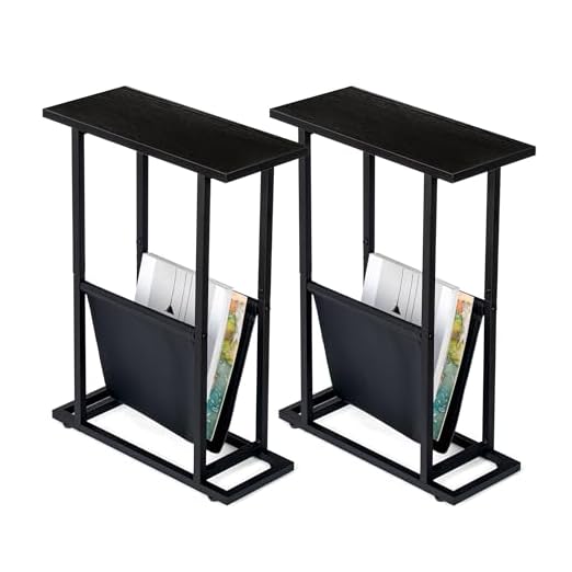 event rental, rent equipment for your party, FLYJOE Narrow Side Table with PU Leather Magazine Holder Rustic Slim Little Thin Table for Living Room, Bedroom, Sofa, Set of 2, Black