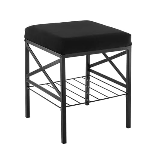 event rental, rent equipment for your party, Soft Foot Stool Ottoman Footrest Vanity Stool with Storage Shelf, Velvet Multifunctional Modern Padded Shoe Changing Seat Step Stool Pouf for Makeup Room, Living Room, Bathroom, Metal Legs Black