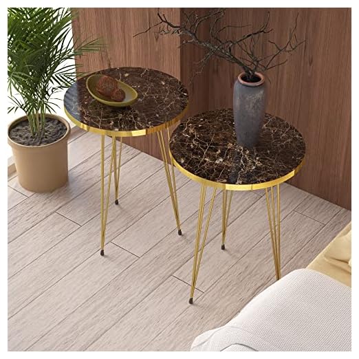 event rental, rent equipment for your party, PAK HOME Set of 2 High Gloss Brown Marble Look End Tables Round Wood Sofa Side Coffee Tables for Small Spaces, Nightstand Bedside Table for Bedroom, Living Room, Office