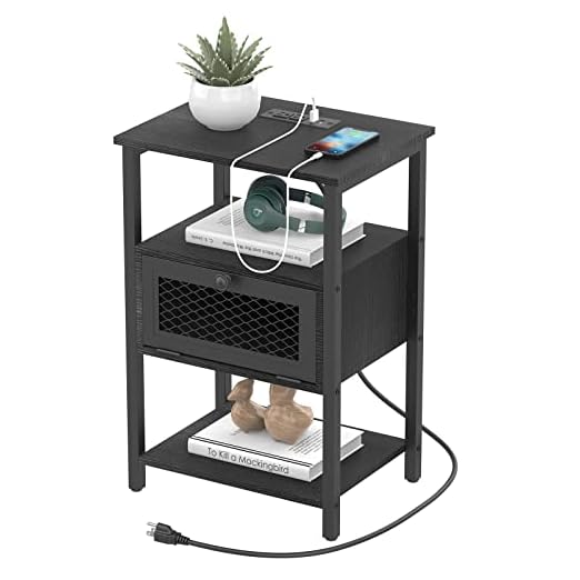 event rental, rent equipment for your party, DOMYDEVM Black End Table, Nightstand with Charging Station, Bedside Table with Drawer, Small Side Table with USB Ports and Outlets for Bedroom