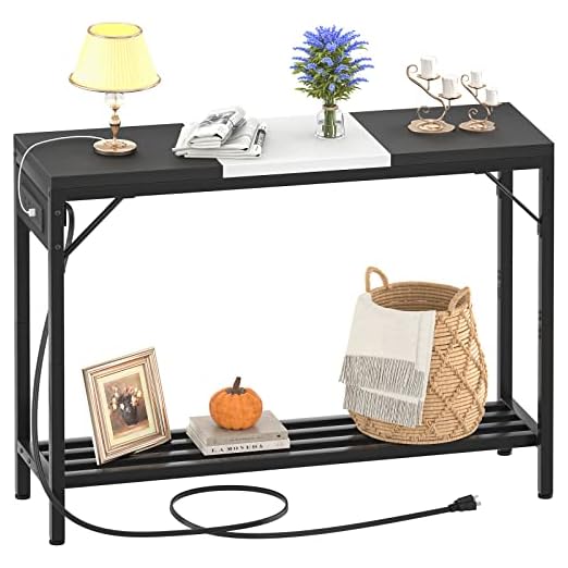 event rental, rent equipment for your party, Narrow Console Table with Power Strips, Sofa Table with Storage Shelves for Living Room, 2-Tier Foyer Table for Entryway, Hallway, Behind Couch, Kitchen Counter, 39'', Black & White