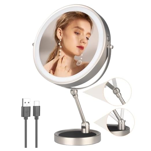 event rental, rent equipment for your party, 9 Inch lighted magnifying mirror with Adjustable Height, Double Side 1x/10x Magnifying Mirror with Light, 360°Swivel Vanity Mirror with Stand Brightness Adjustable Travel Cosmetic Mirror (Nickel)