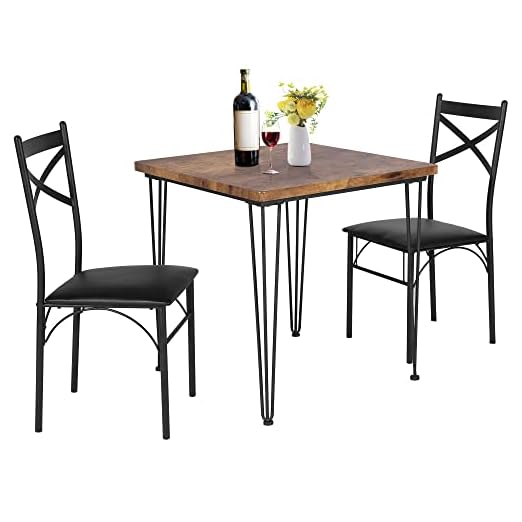 event rental, rent equipment for your party, VECELO Modern Industrial Style 3-Piece Dining Room Kitchen Table and Pu Cushion Chair Sets for Small Space, 2, Retro Brown